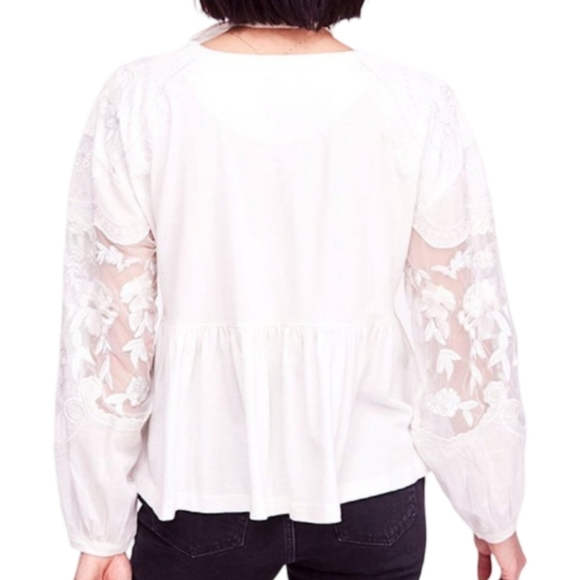 Free People Penny Top Embroidered Sheer Sleeves White Boho Cotton Peplum L - Picture 4 of 11